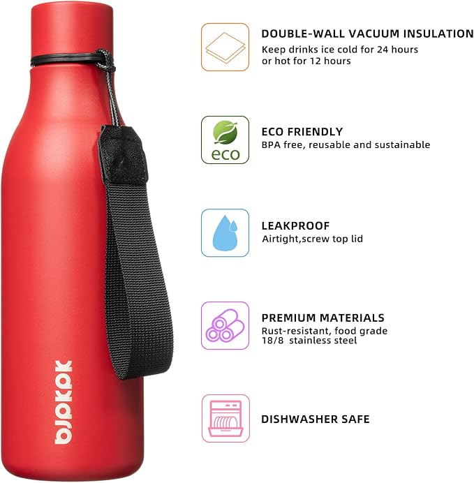 BJPKPK 18oz Insulated Water Bottle, Stainless Steel Bottle with Carry Strap