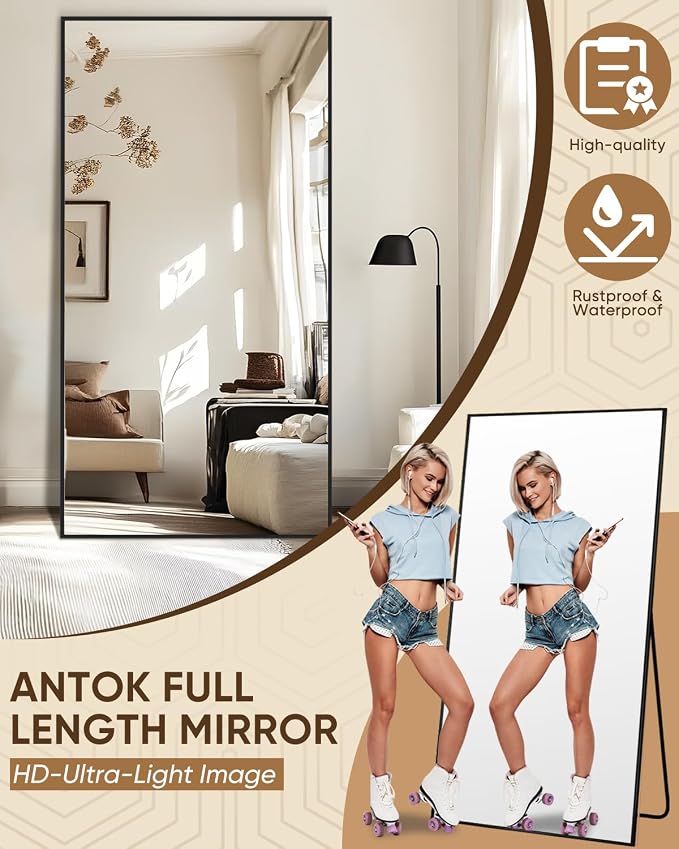 Antok Full Length Mirror, 78"x38" Floor Mirror, Floor Standing Freestanding Full Body Mirror with Stand for Bedroom, Hanging Mounted for Living Room Cloakroom, Black