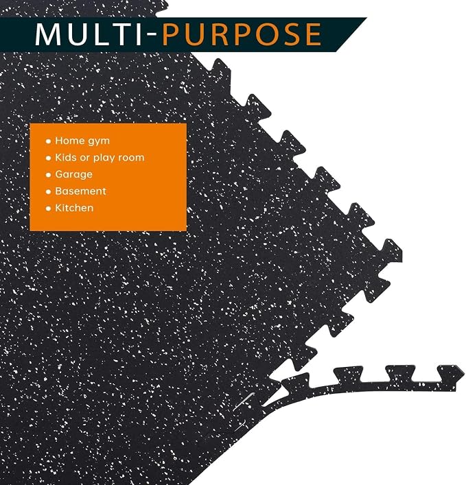 1/2" Thick 48 Sq Ft Rubber Top Gym Flooring, 12 Pcs High Density EVA Foam Exercise Equipment Mats - Interlocking Floor Tiles for Home Gym - 24 x 24in Tile, Black