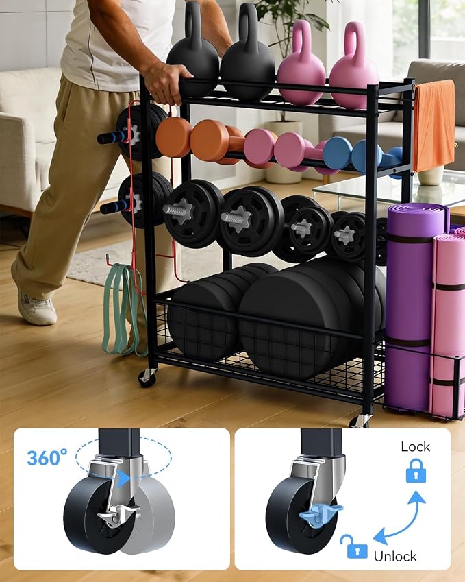 4 Tiers Large Capacity Dumbbell Rack [Thickened High-Strength Steel] Home Gym Storage for Dumbbells Kettlebells Yoga Mat and Balls, All in One Workout Storage Rack with Wheels and Hooks