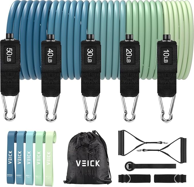 VEICK 10-150LBS Resistance Bands with Handles, Ankle Straps, Door Anchor | Accredited Lab Certified, 100% Natural Latex, Versatile for Yoga, Pilates, Strength, Home Gym