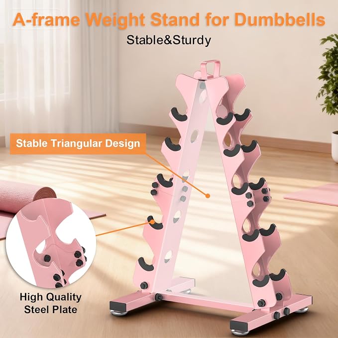 TomCare 6-Tier|5-Tier|4-Tier|2-Tier Dumbbell Rack Stand Only for Home Gym | Stable A-Frame, Fits 5–35 lb Dumbbells, Protective Padded Cradles, Adjustable Feet, Easy-Carry Handle (Stand Only)