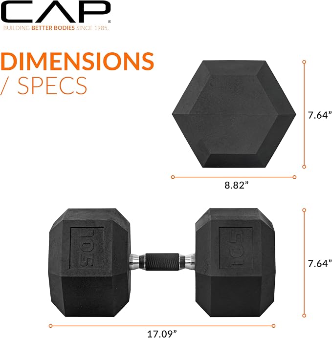 CAP Rubber Coated Dumbbell Weights, Free Weights for Home Gym Strength Training, Anti-Roll Hex Dumbbells with Black, Chrome & Comfort Grip Handles, Singles