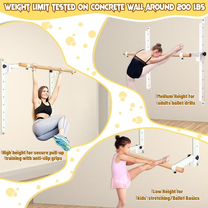 Seliyoo Ballet Barre Wall Mount,Height Adjustable Dance Bar | 4 FT /5FT Portable Solid Beech Wood Bar,Ballet Stretching and Barre Workout, Kids and Adults, Easy Install