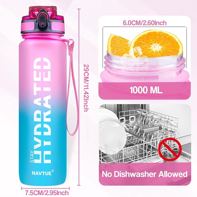 Water Bottle 32 oz Motivational Time Marker Tritan Bottle | BPA-free Tritan water bottle with time marker leakproof Lightweight portable Easy Clean Brush for Gym, Travel, School, Office