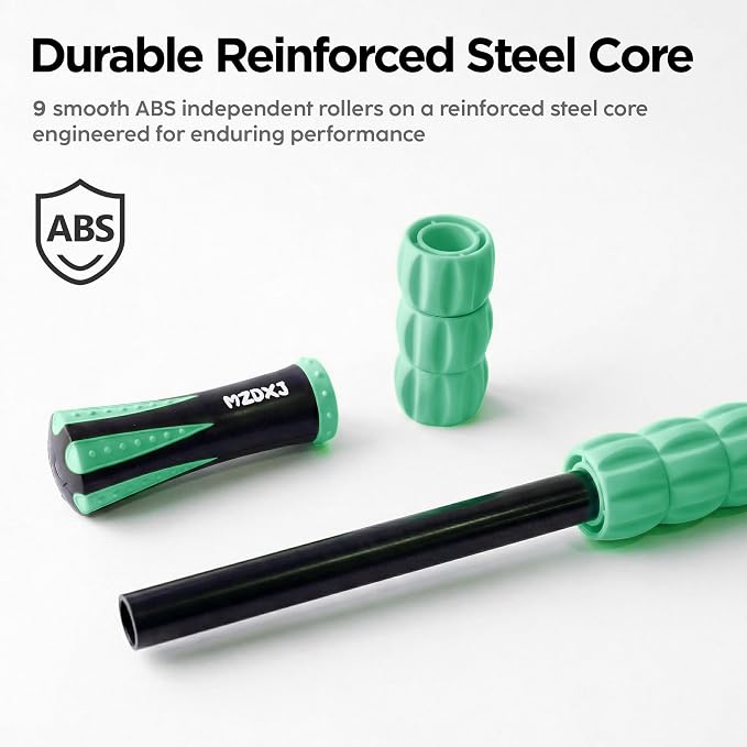 Muscle Roller & Massage Roller Stick for Athletes - Lymphatic Drainage Support, Relieves Muscle Soreness, Cramping & Tightness - Targets Legs, Arms, Back & Calves （Mint Green Wheel）