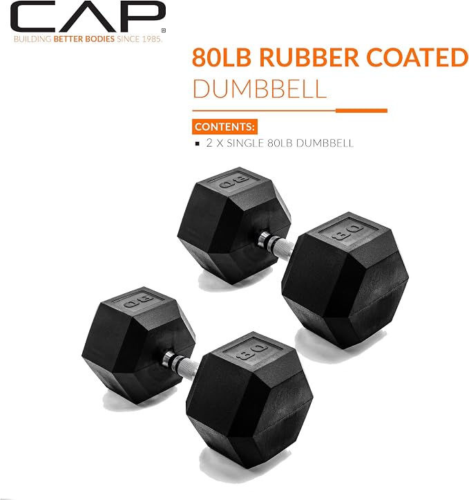 CAP Rubber Coated Dumbbell Weights, Free Weights for Home Gym Strength Training, Anti-Roll Hex Dumbbells with Black, Chrome & Comfort Grip Handles, Pairs & Sets