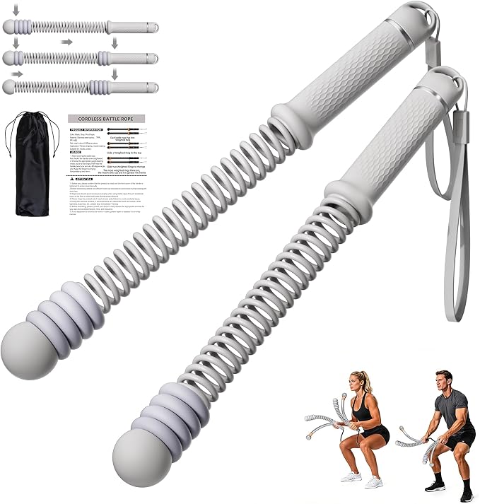 Adjustable Ropeless Battle Ropes, Portable Cordless Battle Ropes for Home Gym, Workout Equipment Exercise Rope for Low-Impact Workout, Strength & HIIT, for Men & Women (Grey)