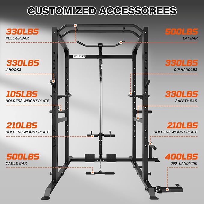 JELENS S21 Power Cage, Multi-Function Power Rack with Adjustable Cable Crossover System, 2000LBS Squat Rack for Home Gym with More Training Attachments