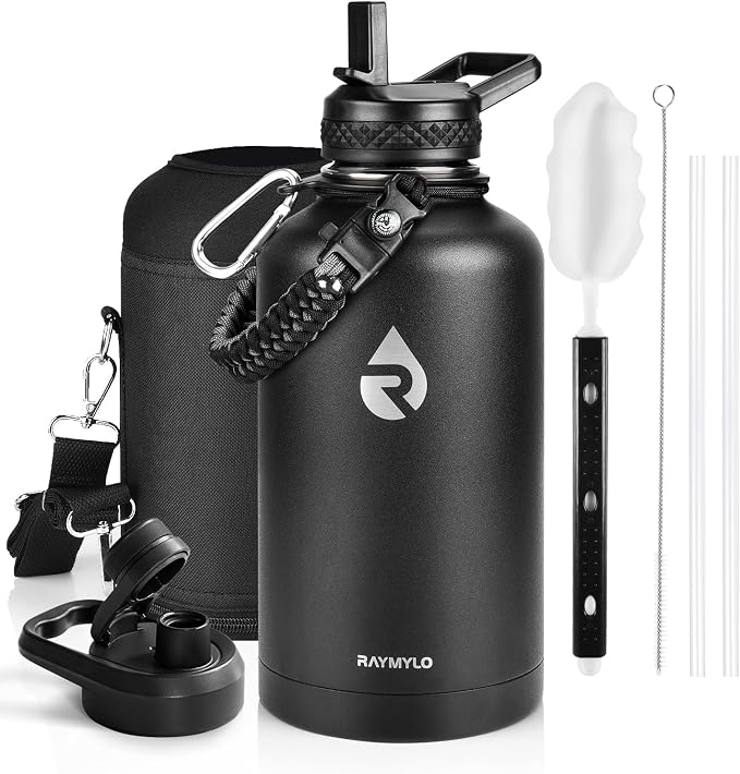 RAYMYLO Insulated Water Bottle 64 oz, Triple Wall Vacuum Stainless Steel (Cold for 48 Hrs), Leak Proof & Non-BPA, Half Gallon Water Flask Jug with Paracord Handle & Straw Spout Lids, Magic Black | (Cold for 48 Hrs), Leak Proof & Non-BPA, Half Gallon Wa...