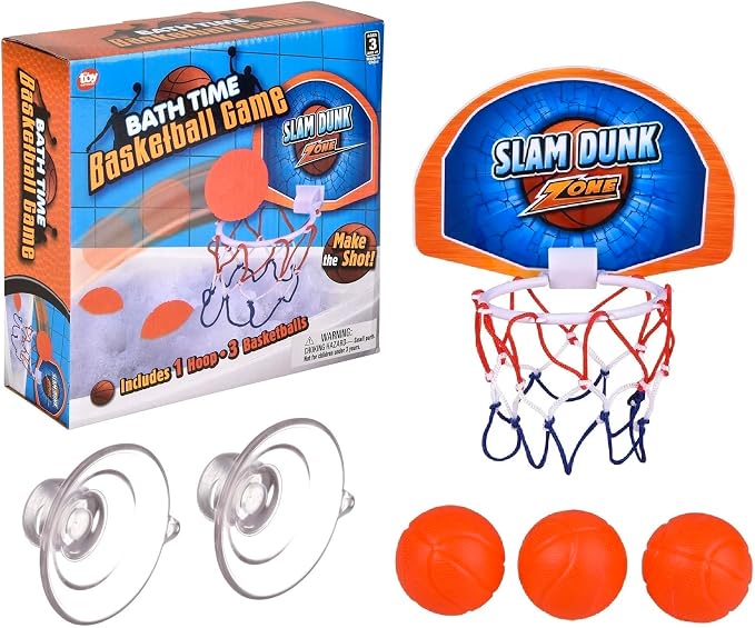 Bath Time Mini Basketball Slam Dunk Zone Shooting Game (6") 3 Balls That Float Included. Suctions to The Wall. Plastic. Bathtub Toy for Boys and Girls. (1 Set)