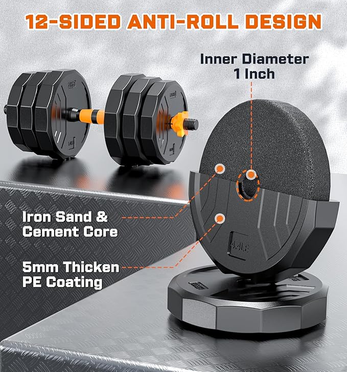 5-in-1 Adjustable Dumbbell Set, 33/44/66/88lbs Free Weights Set with Connector, Used as Kettlebells, Barbell, Push up Stand, Standard 1" Plates, Fitness Exercises for Home Gym Suitable Women/Men