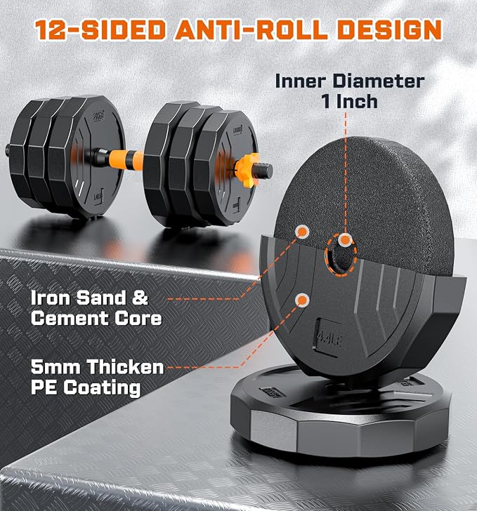 5-in-1 Adjustable Dumbbell Set, 33/44/66/88lbs Free Weights Set with Connector, Used as Kettlebells, Barbell, Push up Stand, Standard 1" Plates, Fitness Exercises for Home Gym Suitable Women/Men