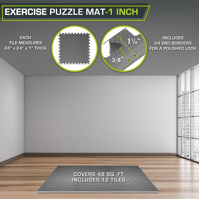 ProsourceFit Weaved Pattern Extra Thick Exercise Puzzle Mat 1-inch, EVA Foam Interlocking Tiles for Protective, Cushioned Flooring for Home and Gym Equipment; Gray, 48 SQ FT, 12 Tiles