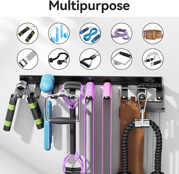 Wall-Mounted Home Gym Equipment Storage Rack for Resistance Bands, Barbell Bars, Cable Attachments, Lifting Belts, Jump Ropes, and Chains