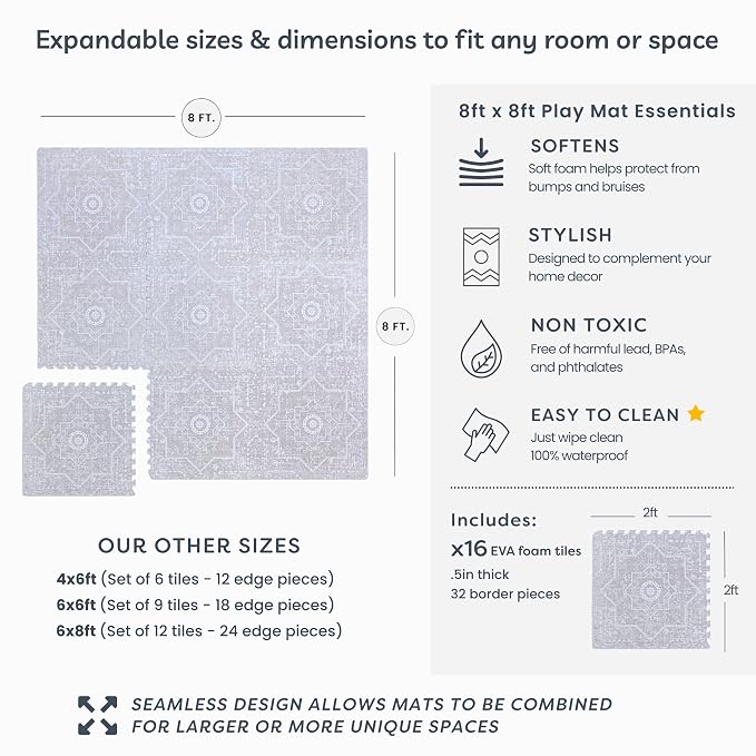 Little Landings Baby Play Mat for Floor - Layla (8x8ft) - Premium EVA Foam Play Mat for Babies & Toddlers (Ages 0-5+) - Non-Toxic Playmat for Tummy Time, Crawling & Playroom - Stylish & Comfortable