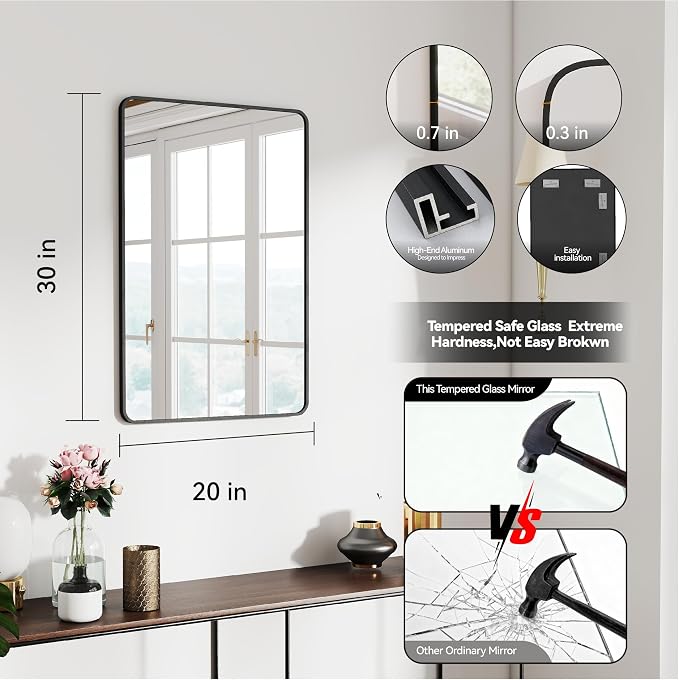 SCWF-GZ 20x30 Rectangle Mirror Full Length Wall Mounted Hanging or Against Wall Metal Frame Dressing Make-up Mirrors for Entryway Bedroom Bathroom Living Room 20 30 inch Black