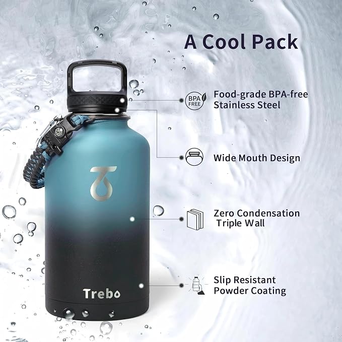 Trebo 64 oz Water Bottle Stainless Steel with 3 Lids, Paracord Handle & Bag | Half Gallon Large Insulated Jug, Triple Wall Vacuum Copper Plated, Dishwasher Safe, Cold 48Hrs for Outdoor, Hiking, Gym