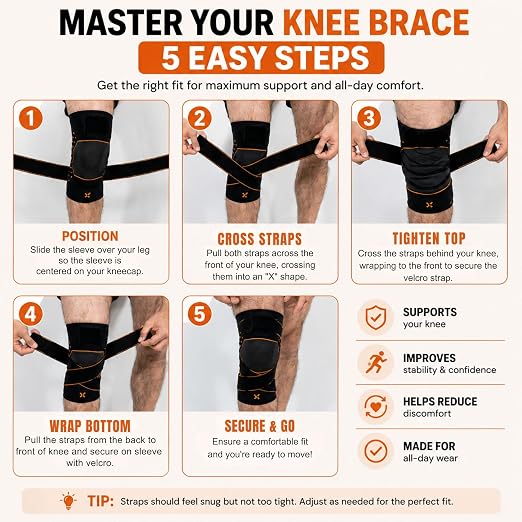 CopperJoint Knee Sleeve with Straps for Women & Men, Adjustable Targeted Knee Support Sleeve for More Secure Compression and Daily Activity, Single Sleeve Only