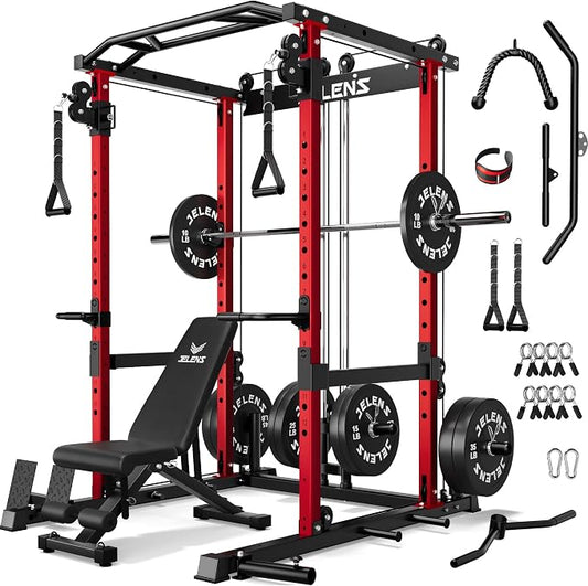 JELENS C12 Power Rack, 2000LBS Squat Rack with Cable Crossover System, Workout Cage with More Training Attachments for Home Gym