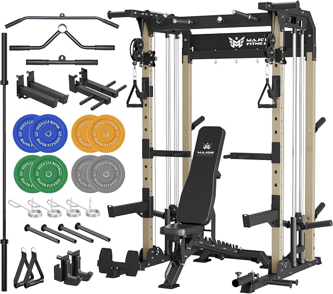 MAJOR FITNESS F22 Power Rack, 1600lbs All-in-One Squat Rack with Dual Pulley System, Heavy-Duty Steel Frame, Attachments & Storage for Home Gym Strength Training