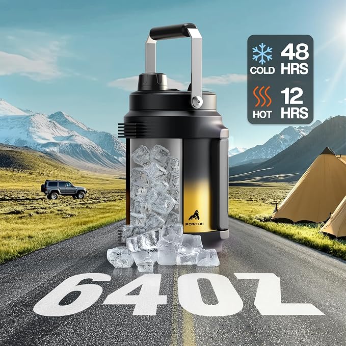 POWCAN 64 oz Insulated Water Jug, 2-in-1 Straw Spout Lid, Dual Handle, Leakproof, Keep Cold 48H, Half Gallon Stainless Steel Water Bottle for Daily, Hydration, Picnic, Travel, Gym, Workout (King)