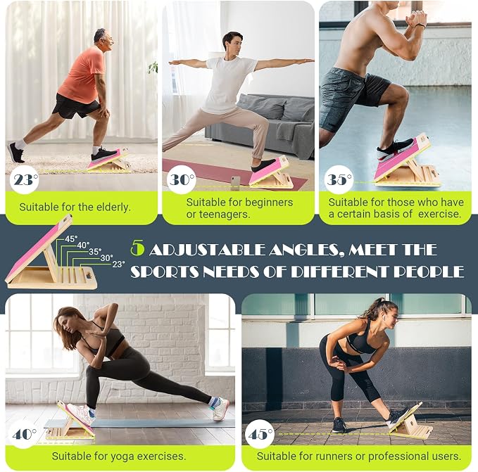 Slant Board Calf Stretching, 300 LBS Capacity Portable Wooden Incline Board | Training Poster, 5 Adjustable Angles, Non-Slip Calf Mobility Board for Legs, Ankles, Knees, Heels, Physical Therapy & Squats
