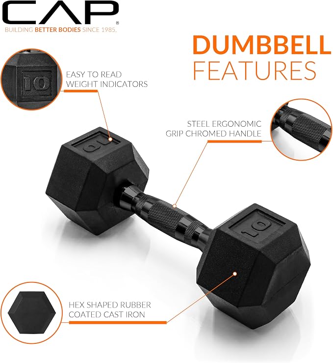 CAP Rubber Coated Dumbbell Weights, Free Weights for Home Gym Strength Training, Anti-Roll Hex Dumbbells with Black, Chrome & Comfort Grip Handles, Singles