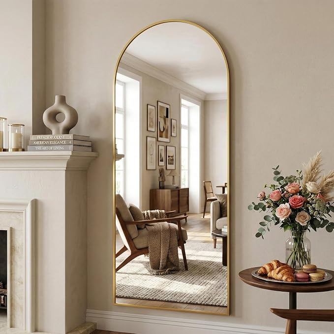Suidia 71"x28" Arched Full Length Mirror with Stand, Full Body Mirror with Aluminum Frame, Freestanding/Leaning/Wall-Mounted, Floor Mirrors for Bedroom, Living Room, Entryway, Dressing Room, Gold