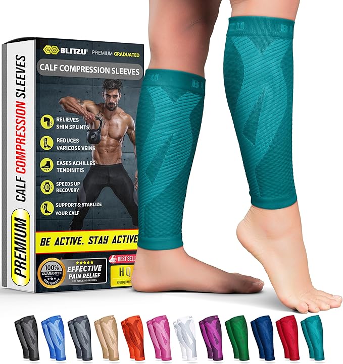 BLITZU Calf Compression Sleeves, Footless Compression Socks for Men & Women | Leg Support Brace, Shin Splint Pain Relief, Reduce Varicose Vein Swelling, Muscle Recovery, Running, Nursing, Fitness, Travel