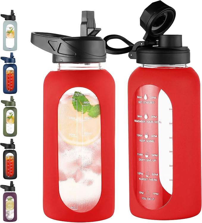 CIVAGO 32 oz Glass Water Bottle with Straw, Large Motivational Water Jug | Time Marker, 2 Leakproof Lids, Wide Mouth, Water Flask Cup with Handle and Silicone Sleeve, for Gym, Sports, Juices, Red