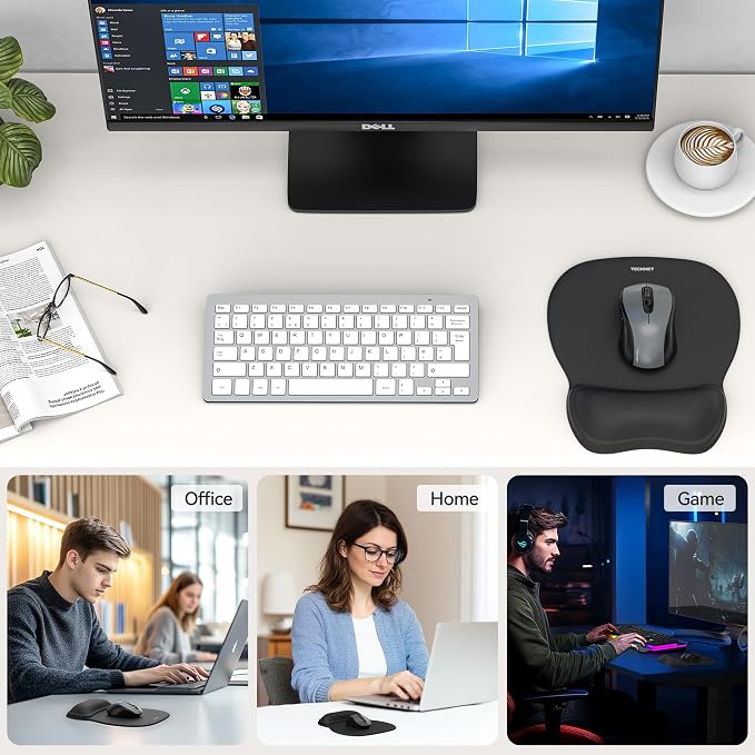 TECKNET Gel Ergonomic Mouse Pad with Wrist Rest, Non-Slip PU Base, Black | Comfortable Gel Cushion, Pain Relief, Smooth and Waterproof Surface, Mouse Pad with Wrist Rest for Office, Gaming and Study