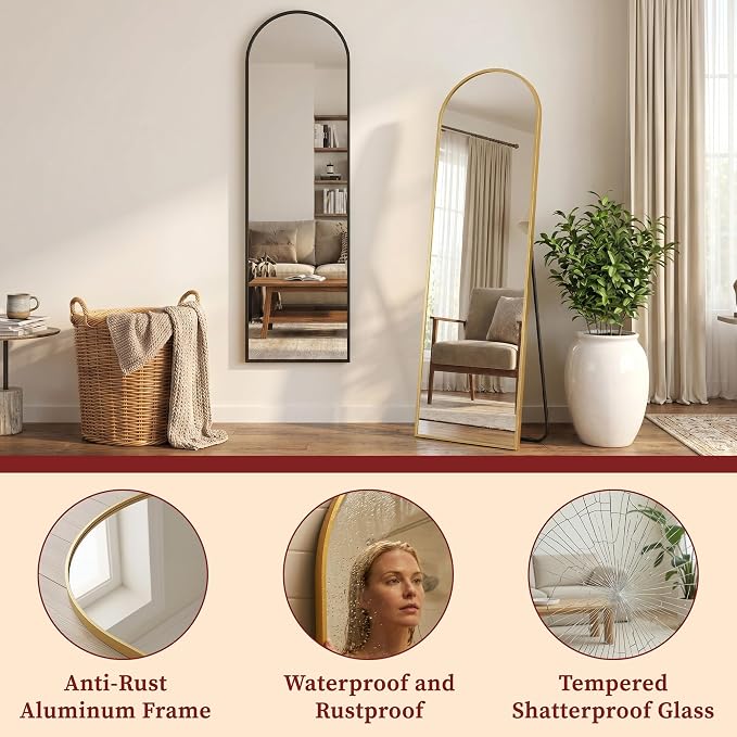 Suidia 56"x14" Arched Full Length Mirror with Stand, Full Body Mirror with Aluminum Frame, Freestanding/Leaning/Wall-Mounted, Floor Mirrors for Bedroom, LivingRoom, Entryway, Dressing Room,Gold