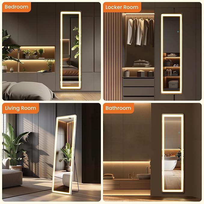 NEWBULIG 60"x16" LED Full Length Mirror, Full Body Standing Mirror, White | Leaning or Standing, Tempered Glass, Aluminum Alloy Thin Frame Floor Stand for Bedroom, Cloakroom