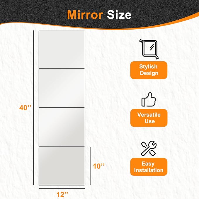 Delma Frameless Mirror Tiles 12"x10"x4 Pcs Wall Mounted | Shatter Resistant, Full Length, Tempered Glass Panels, For Home Gym Bathroom Bedroom & Living Room Decor