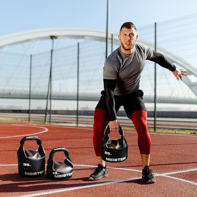 Meister BEAST Portable Sand Kettlebell - Soft Sandbag Weight - 25lb / 11.3kg - Black | Soft-sided kettlebell w/ oversized neoprene handle for swings, squats, presses, pulls and more. Ideal for home and travel