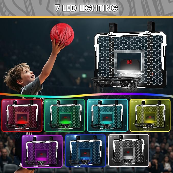 QDRAGON Mini Basketball Hoop with Scoreboard & 7 LED Lighting | Over The Door Indoor, with 3 Balls/Inflator/Breakaway Rim, Basketball Toy Gifts for Kids Adults, Suit for Bedroom/Office