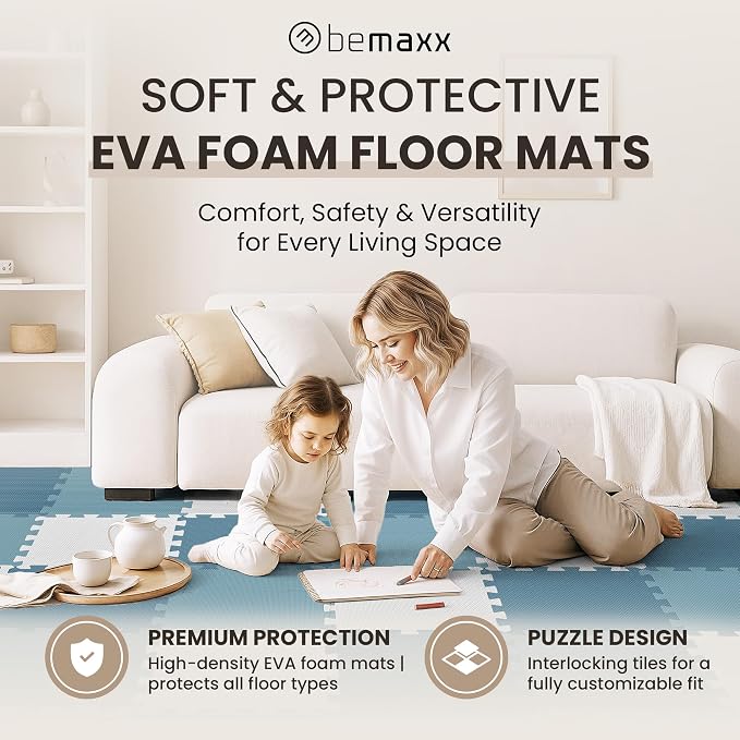 bemaxx Gym Mats Set - 18 pcs EVA Interlocking Foam Floor Tiles (12.6"x12.6"x0.4") 18sqft Protective Gym Flooring Sports Home Workout Exercise Mats Puzzle Garage Fitness Play-Room Pool Treadmill Bike