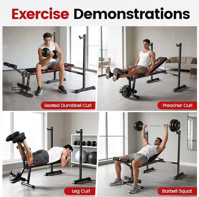 Weight Bench Set, 880LBS Adjustable Bench Press Set with Leg Extension and Barbell Rack, Safety Bar Catches, Fasting Foldable Workout Benches for Home and Gym