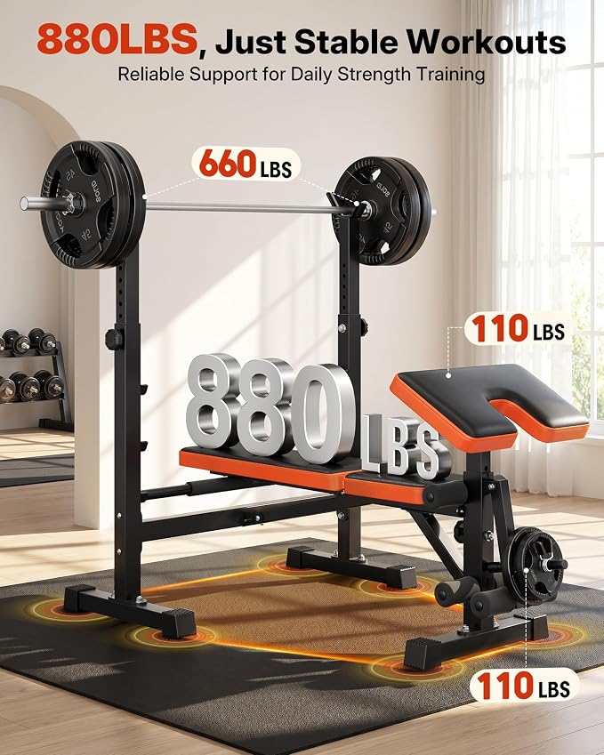 YOLEO Foldable Weight Bench for Small Home Gym, 6-in-1 Adjustable Workout Bench with Squat Rack, Compact Strength Training Equipment for Apartment & Garage Workouts