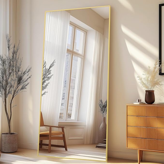 76"x34" Large Floor Mirror Full Length with Stand, Oversized Gold | Free Standing or Leaning, Wall‑Mountable, for Bedroom Living Room Home Gym, Rectangular, Tempered Glass, Aluminum Frame