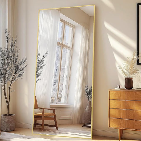 76"x34" Large Floor Mirror Full Length with Stand, Oversized Gold | Free Standing or Leaning, Wall‑Mountable, for Bedroom Living Room Home Gym, Rectangular, Tempered Glass, Aluminum Frame