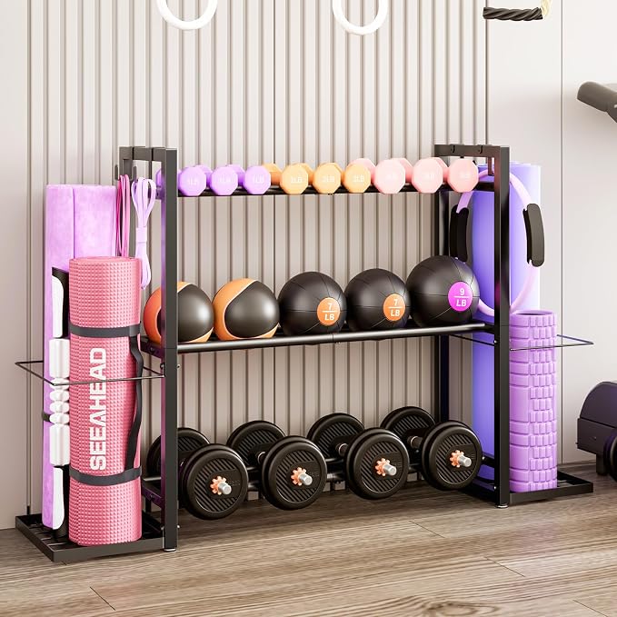 Adjustable Dumbbell Rack for Home Gym, Heavy-Duty Metal Stand | Adjustable 3-Tier Weight Rack Stores Dumbbells, Kettlebells and Yoga Mat, While Keeping Workout Accessories Neatly Organized