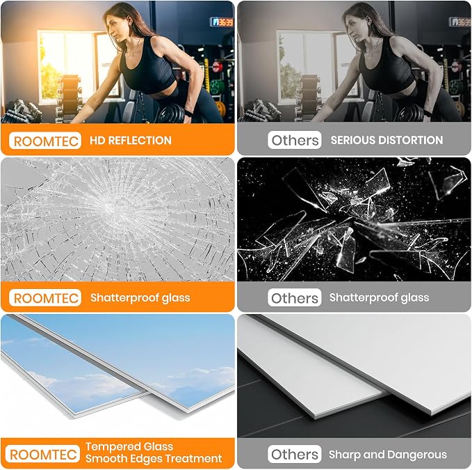 ROOMTEC Home Gym Mirror, 72"x 48"-1 PCS Frameless Gym Mirrors for Home Gym, Large Full Body Tempered Glass Wall Mounted Mirror for Yoga Room, Dance Studio, Workout Room