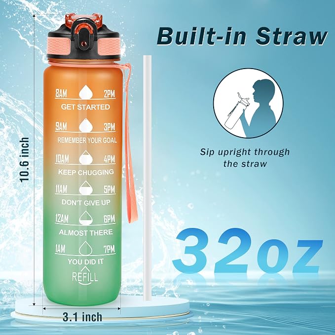 YC Kitchen Motivational Water Bottle with Time Marker - 32oz, Leak-proof BPA Free Sports Water Bottles with Straw & Carrying Strap