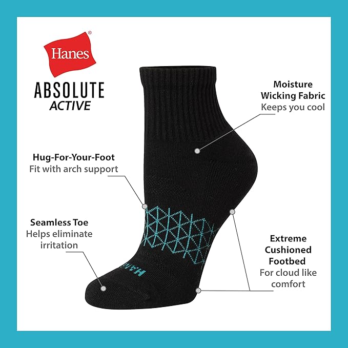 Hanes Women's Socks, 4-pack, Absolute Active Cushioned Moisture-wicking Best Women's Socks, Crew, Ankle and No Show