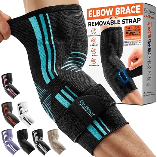 DR. BRACE® Elite Elbow Brace Support with Removable Strap for Women & Men, Pain Relief for Tendonitis, Arthritis, Golfer's & Tennis Elbow Treatment, Elbow Sleeve for Workouts Weightlifting (Black-Blue, XX-Large)