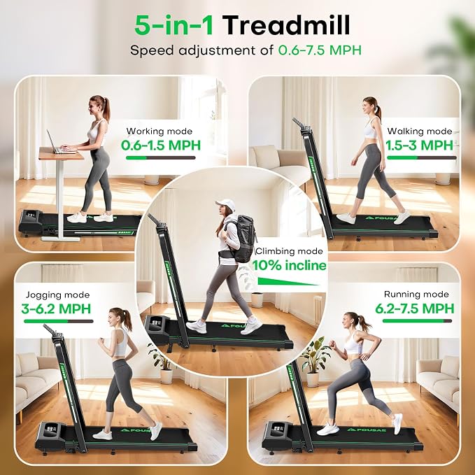 5 in 1 Foldable Treadmill, 7.5 MPH Treadmills for Home with App Compatible, Treadmill with 10% Incline, 3.0HP Brushless Drive, Remote Control and LED Display, 12 HIIT Programs, 400 LBS Capacity