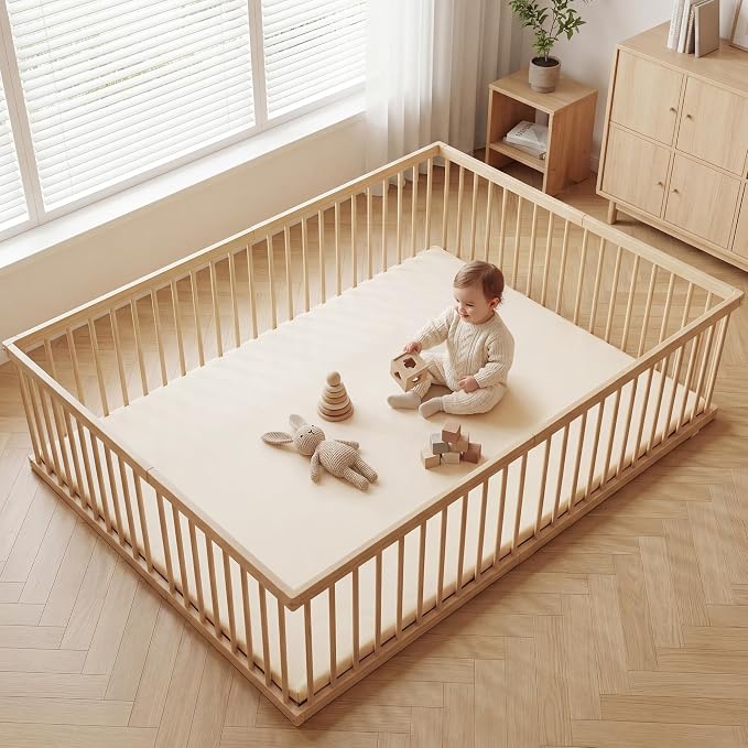 Huloo Sleep Baby Play Mat 74x50 Inches, 1.3" Thick Padded Waterproof Floor Cushion & Playpen Mat with Vegan Leather, Non-Slip & Non-Toxic Nursery Rug for Infants, Toddlers & Kids(Beige)