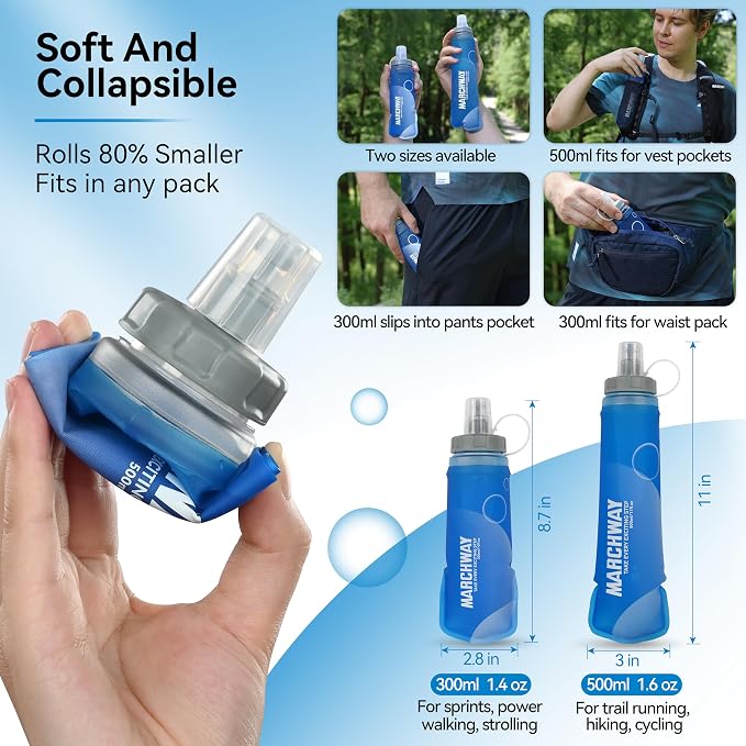 MARCHWAY Soft Hydration Flask with Wide Mouth, 300ml/500ml Collapsible TPU Water Bottle, Leakproof Portable Flexible for Running, Hiking, Cycling, Climbing, Gym, Travel (2pcs Dark Blue 300ml)
